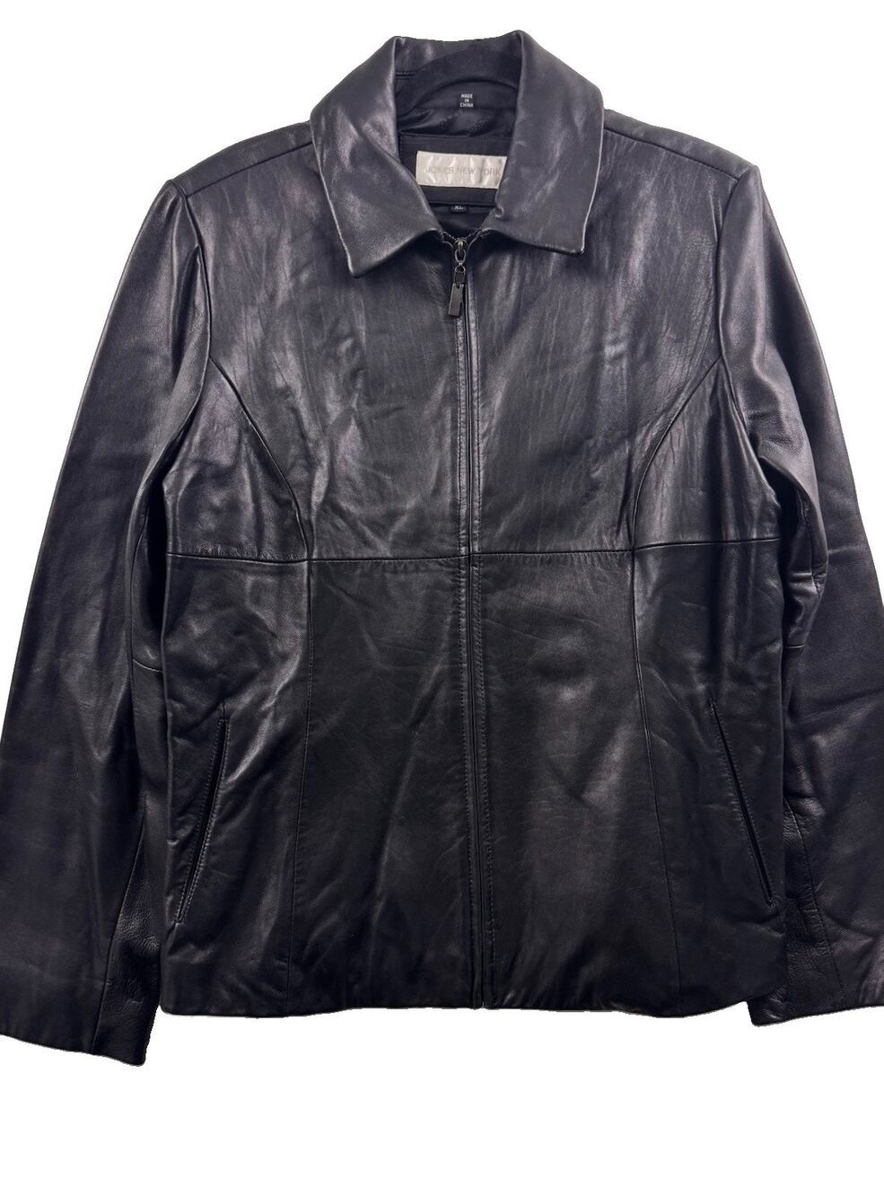 Jones New York Black Leather Jacket Women’s XL Point Collar Zip Front